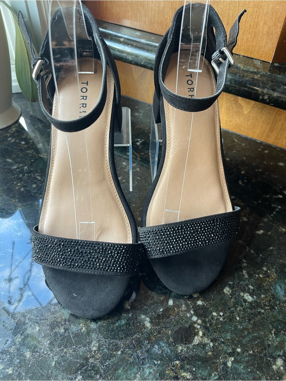 torrid Black Ankle-Strap Block Heels with Crystal-Embellished Toe Strap